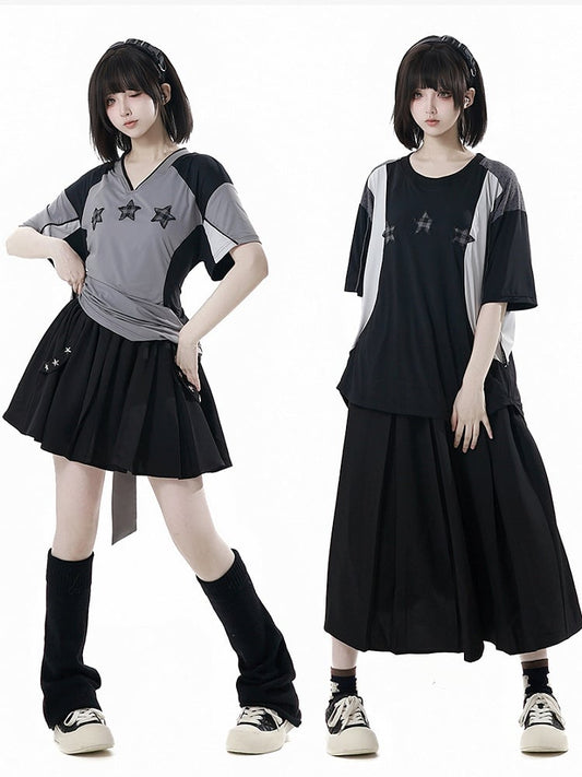 Long/Short Version Black Elastic Waist Star Studs Skirt