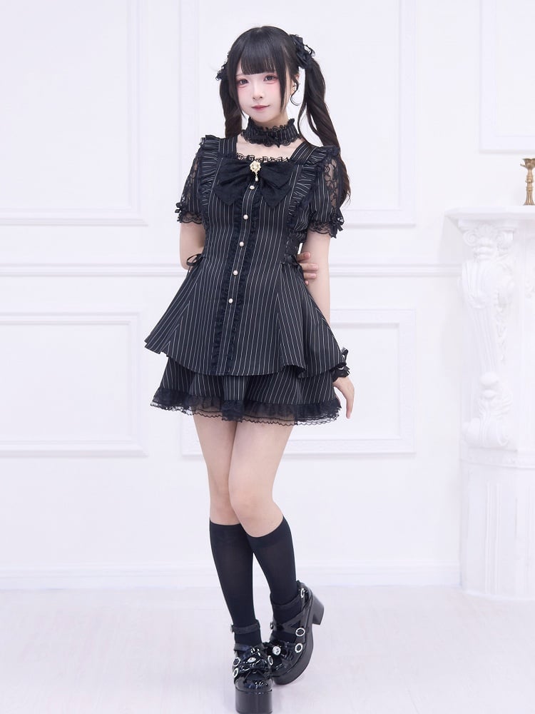 Full Kei Black Lace-up Matching Jirai Shoulder and Set: Cutout Skirt with Dress Striped Style Side Adjustable
