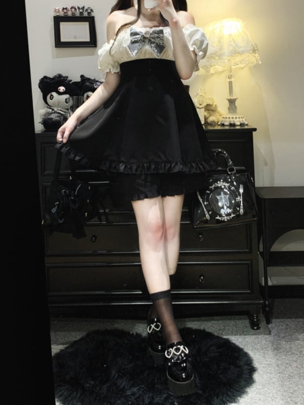 Set aus Minikleid und Shorts mit schulterfreiem Ausschnitt, Jirai Kei, Schwarz/Pink/Blau