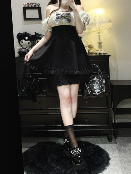Set aus Minikleid und Shorts mit schulterfreiem Ausschnitt, Jirai Kei, Schwarz/Pink/Blau