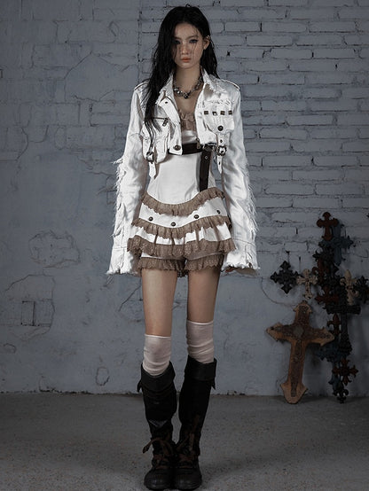 Studs Buckle Decorated And Wasteland Cropped White Punk Jacket
