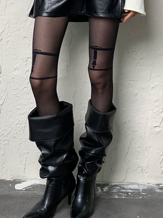 Buckle Print Design Punk Y2K Black Tights
