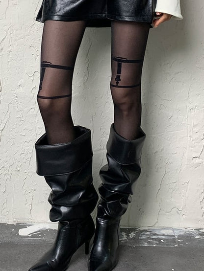Buckle Print Design Punk Y2K Black Tights