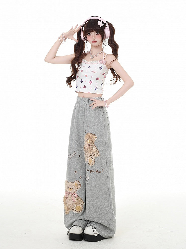 Coffee/Gray Plush Teddy Bear Applique Straight-Leg Pants