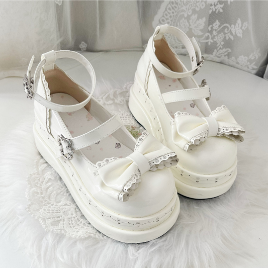 Lolita Cute White Bowknot Cake Buckle Straps Platform Shoes