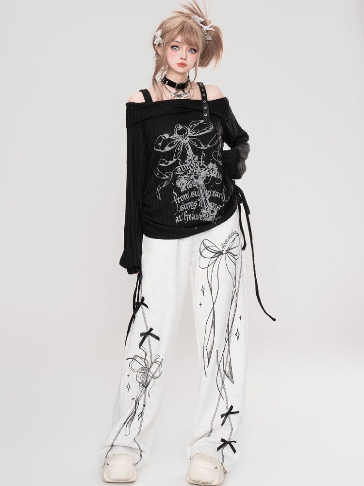Black/Light Grey Ribbon Bow Straight-leg Cut Sweatpants
