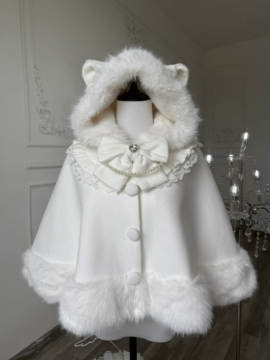 Cape Winter Woolen Faux Hooded Edging with Cat-Ear Fur Lolita White