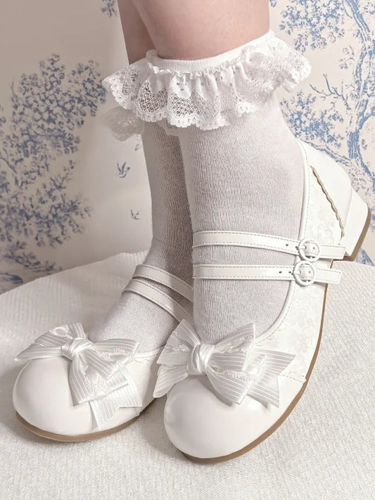 Accent Bow Double with Straps PU Round-Toe Heels Low Lolita White Elegant and