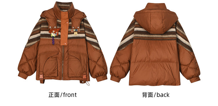 Patchwork Design Brown Hooded Down Jacket