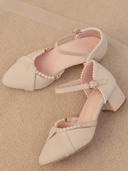Beige Beads and Back Heel Suede Details Chain Qi Sandals Toe Detachable Lolita with Pointed Mid