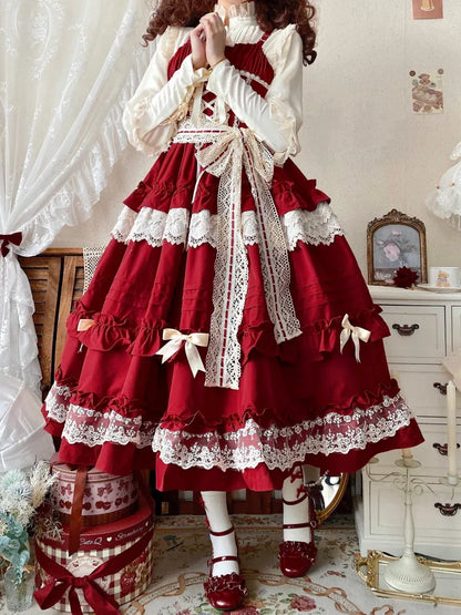 Pink Lolita Style Adjustable Ruffle Red Skirt Straps Dress House Jumper