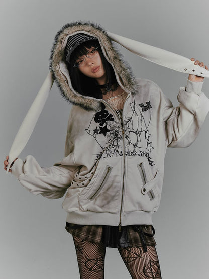 Spiderweb and Skeleton Gray Punk Rock Bunny Ears Winter Zip Hoodie