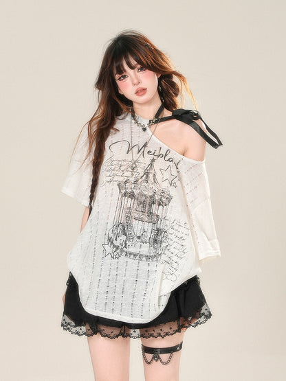 with Printed T-Shirt Semi-sheer Asymmetrical Neckline Sun White Self-tie Protection Strap