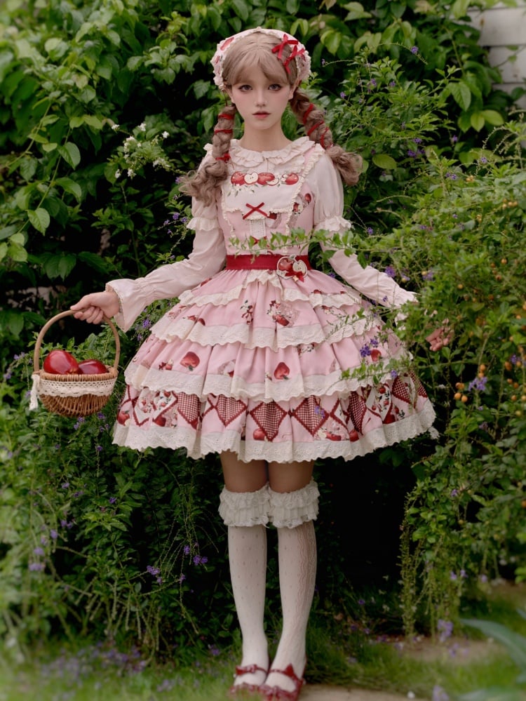 Pink Apples Print Tiered Hem Knee Length Lolita Skirt