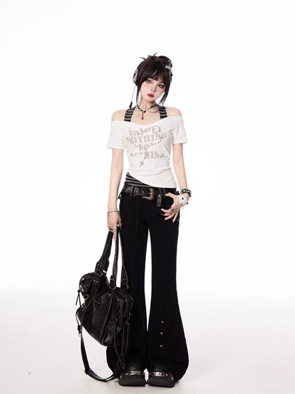 Striped Halter Neck T-shirt Gray White and Y2K Cross Necklace Print