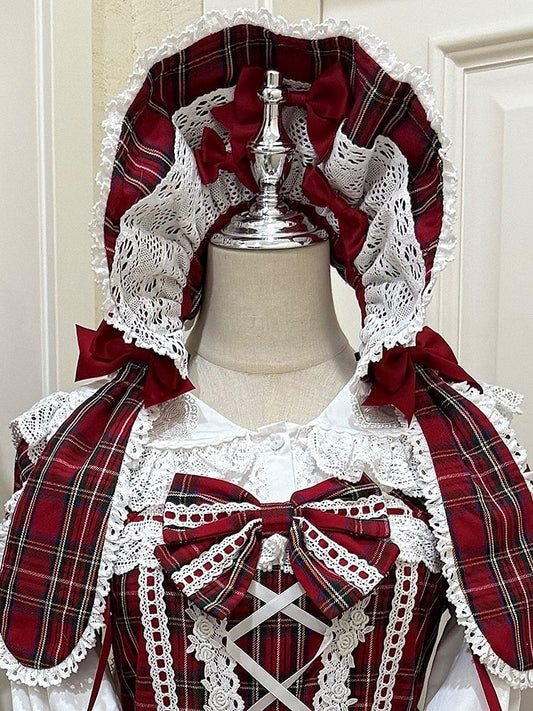 Lolita Bonnet and Bunny Ears Bow Plaid Red/Green with Details