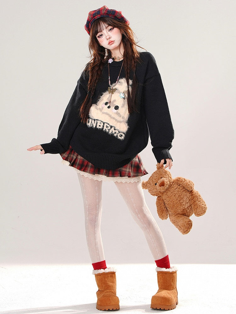 Milk Yellow/Black/Red Cute Puppy Pattern Loose Sweater