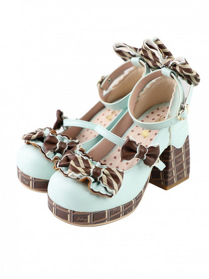 Buckle Platform GreenBrown Heels Bowknot Heart Chocolate Janes Mary Block High Details Striped