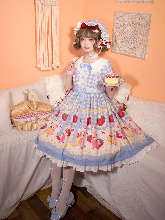 Robe de campagne Cottagecore à carreaux bleu clair/rouge vin, imprimé fraises et ours, style Sweet Lolita OP