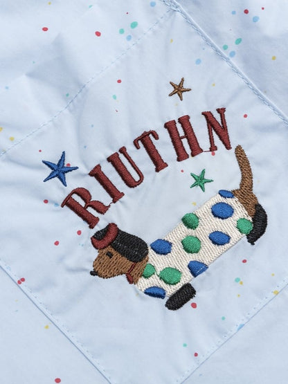 Short/long Sleeves Shirt with Decorated Blue Faux Sleeves and Adorable Dog Embroidery
