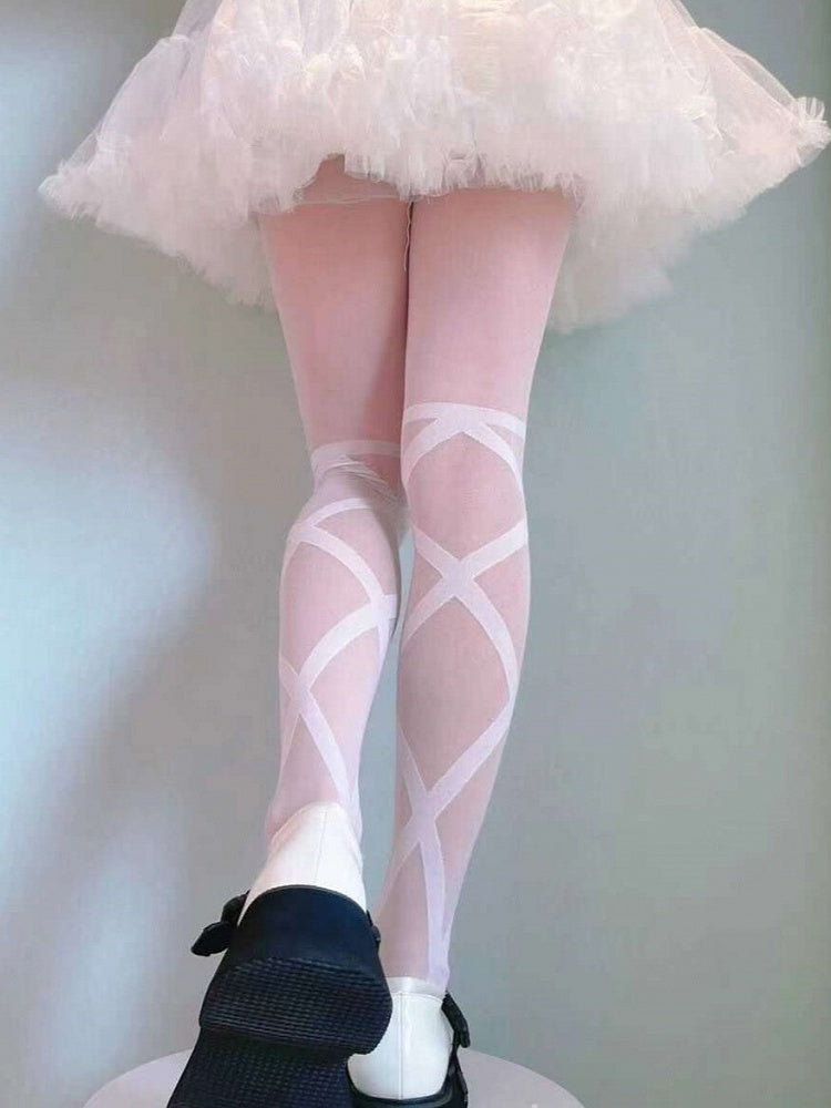Black/White Lolita Pantyhose Semi-sheer Banded Crisscorss Print