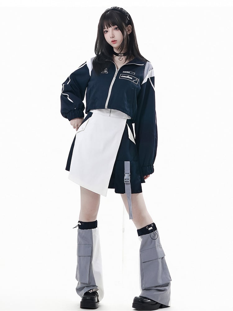 with Loading Bar Embroidery  Partial Front Zipper Blue  White Colorblock Techwear Dress