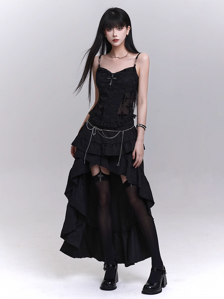 Black Cascading Flounce Trim High-low Skirt