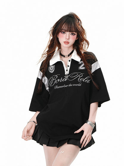 Black/White Polo Collar Preppy Style Sports T-Shirt