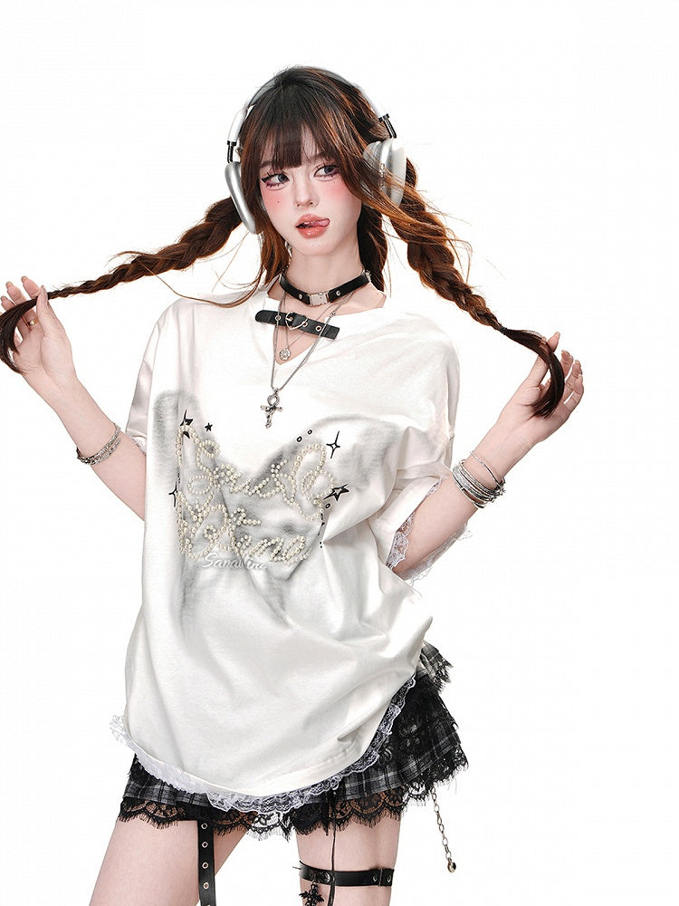 Mint Green/Black/White V-Neck Heart Buckle Bead Details Lace Trim T-shirt