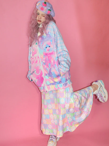 Augenjacke Kawaii Plaid Bär und buntes Muster Guro Print