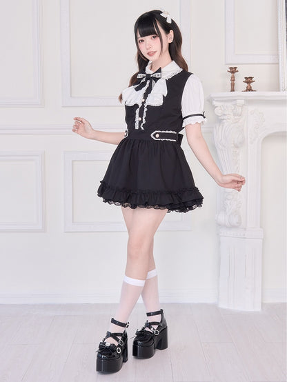 Kurzarm-Set: Shorts mit Rücken und Trägern, zweiteiliges schwarzes Kleid, passendes Jirai Kei zum Binden