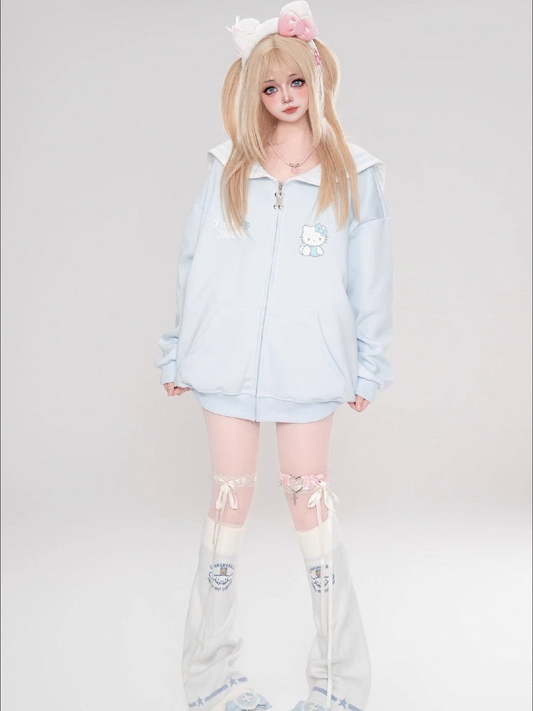 Pink/Light Blue/Grey/Black Kitty Print Sailor Collar Zip Closure Thick Sweatshirt