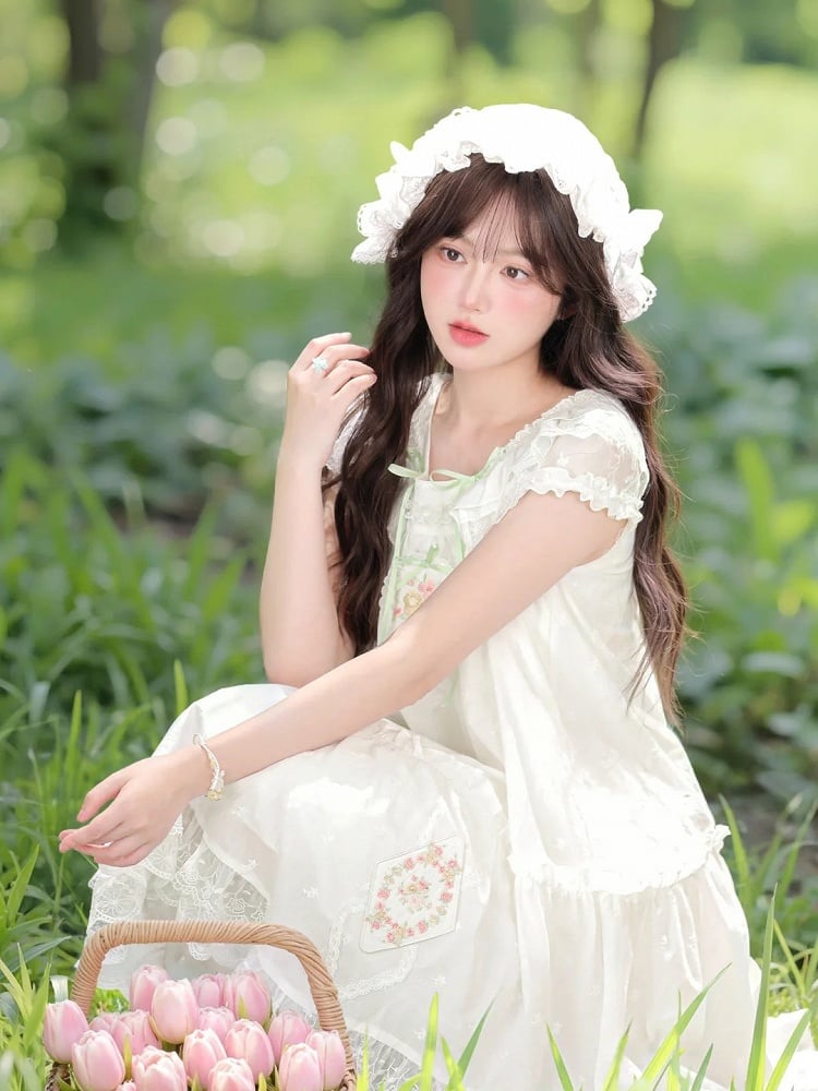 Mori Kei Dress White Floral Embroidery Lace Trim