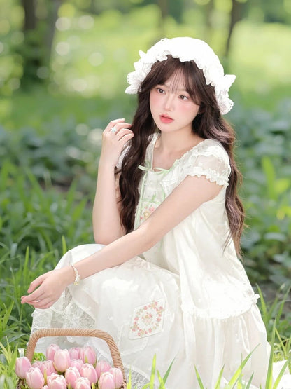 Mori Kei Dress White Floral Embroidery Lace Trim