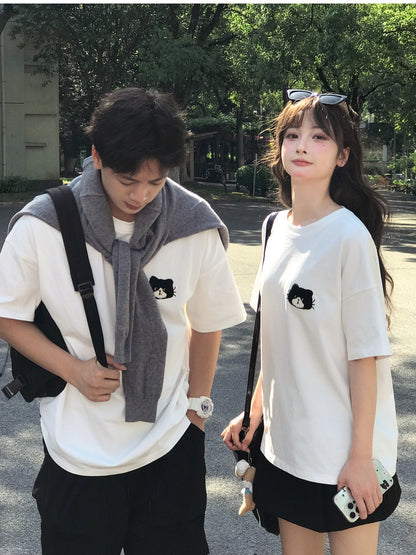 Applique Loose White Round Neck Kitty Embroidery T-Shirt