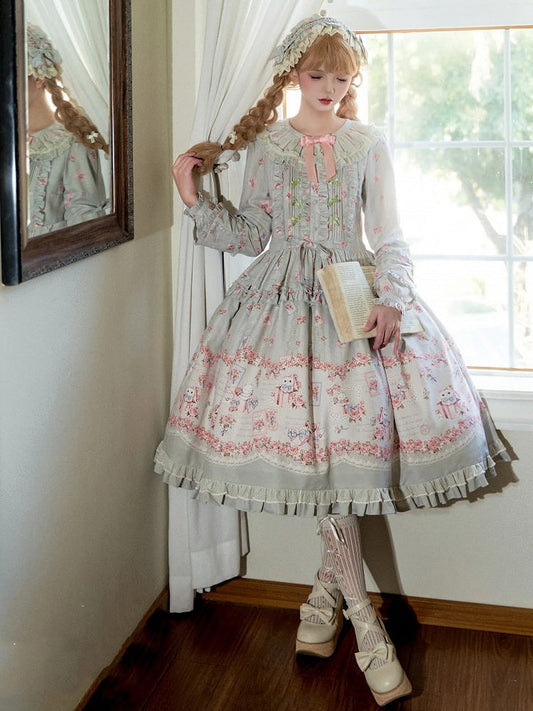 Robe Lolita douce à manches longues, motif floral et chaton, style maison rose, printemps