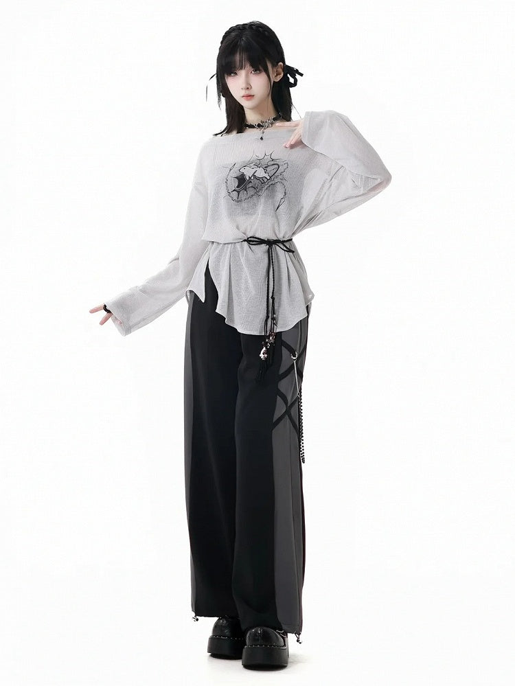 Three Set Strap Bunny Print Coverup+Cami Top +Self-tie Gray Off-the-shoulder Pieces
