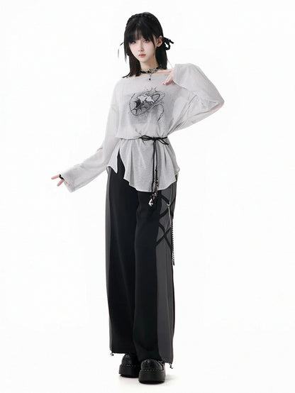 Three Set Strap Bunny Print Coverup+Cami Top +Self-tie Gray Off-the-shoulder Pieces