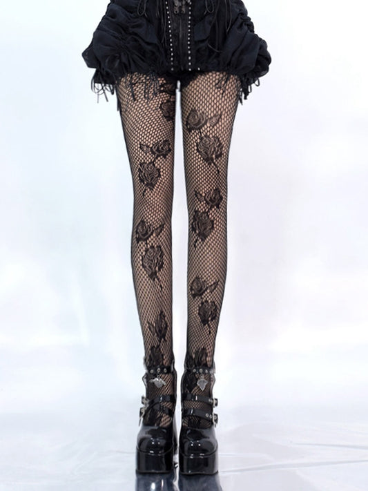 Black Gothic Rosette Floral Pattern Fishnet Tights