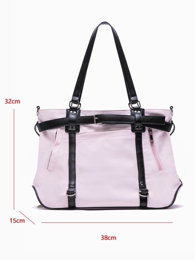 Black With Chic Bold Strap Details Contrast Tote Large-Sized