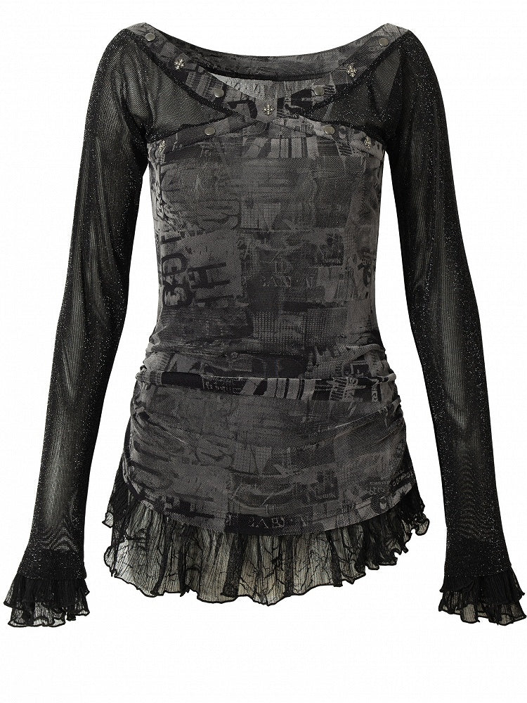 Trim Star Lace Wasteland Punk Studs Decorated BlackGray/Beige T-shirt And