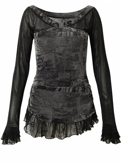 Trim Star Lace Wasteland Punk Studs Decorated BlackGray/Beige T-shirt And