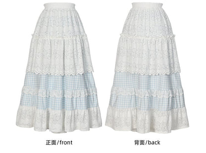 Jupe Mori Kei à carreaux en patchwork de dentelle bleue et blanche à taille haute