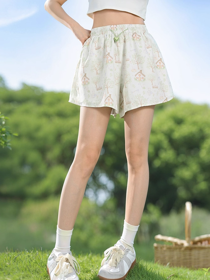 Drawstring Waist Wide-leg Shorts Adorable Bunny Print Green