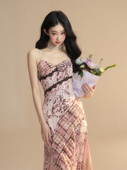 Glamorous Lace Floral Embellished Pattern Pink Leopard Trim Slip Dress