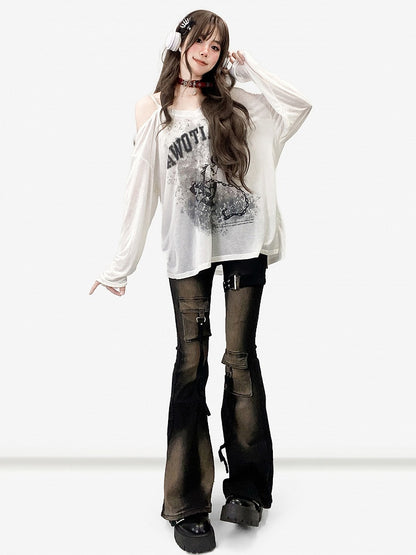Asymmetrical Print Top Neckline Long Sleeves White Design