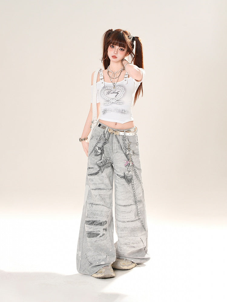 Neckline Heart Print Cropped Off-the-shoulder T-Shirt White