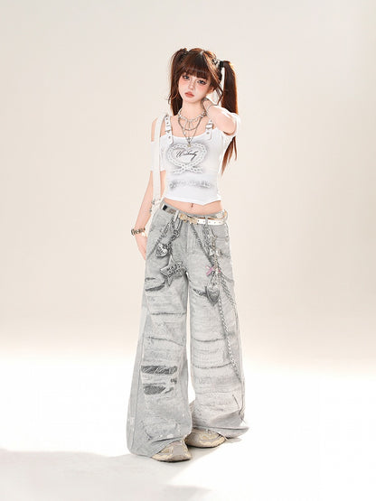 Neckline Heart Print Cropped Off-the-shoulder T-Shirt White