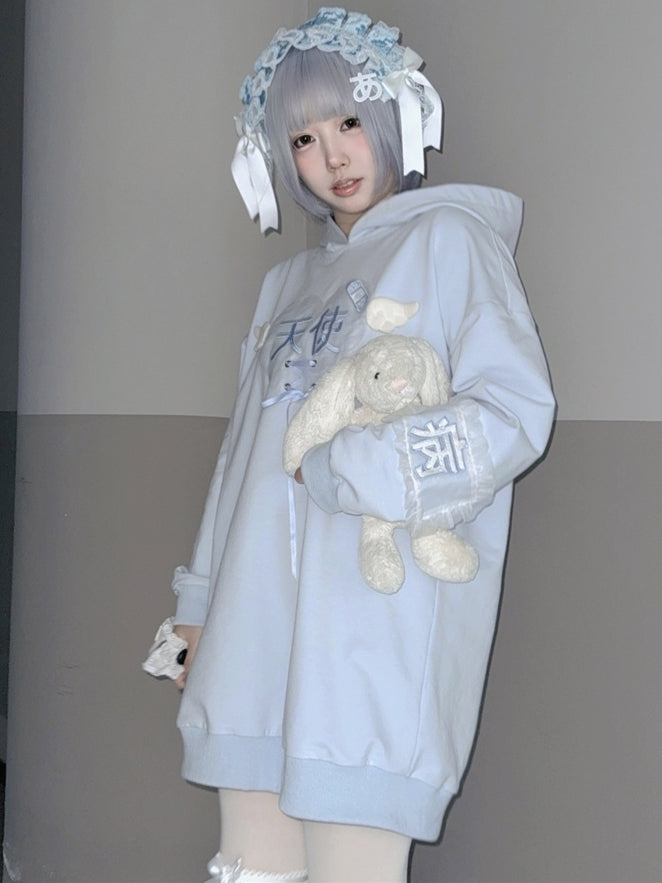 Tenshi Kaiwai Light Blue Characters Lace-up Detail Yami Kawaii Hoodie