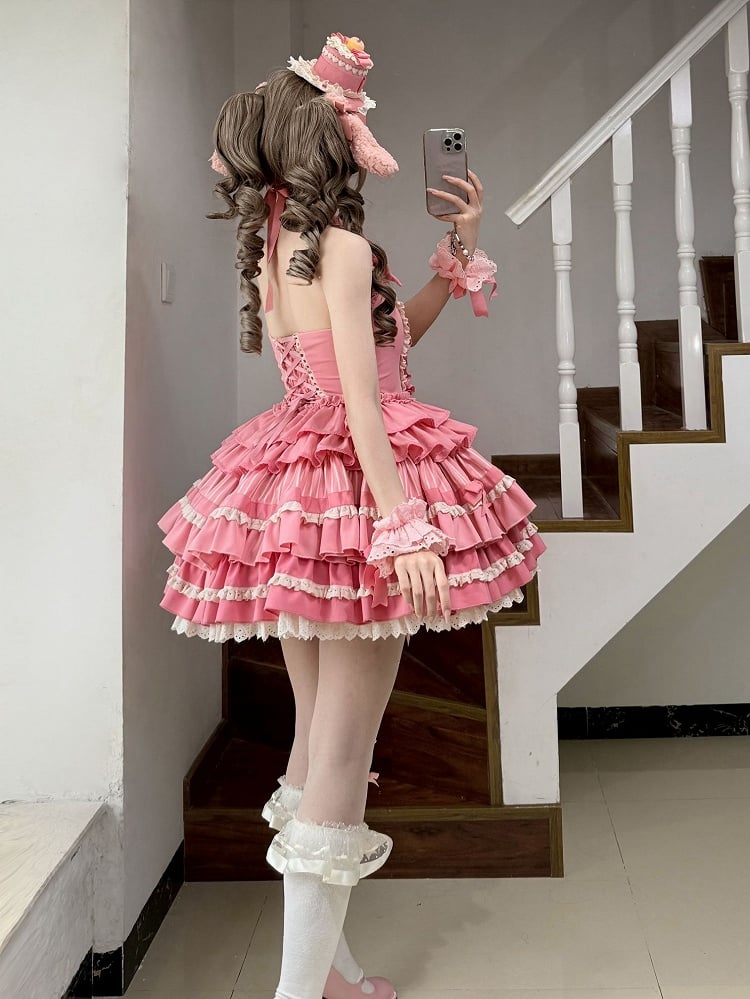 Sweet Bow Dress Ruffle Accents Lolita Pink Tiered Halter Rose Neck Skirt Idol